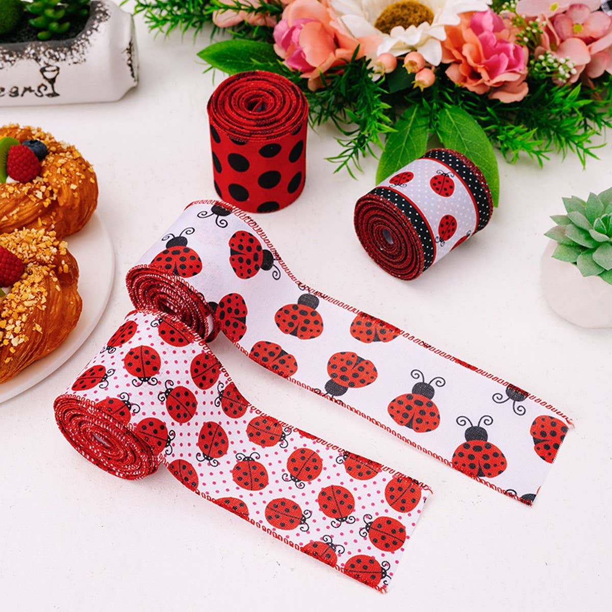 CWMM10222_LADYBUG RIBBON SET 4 ROLLS RED POLKA DOT WIRED BOW