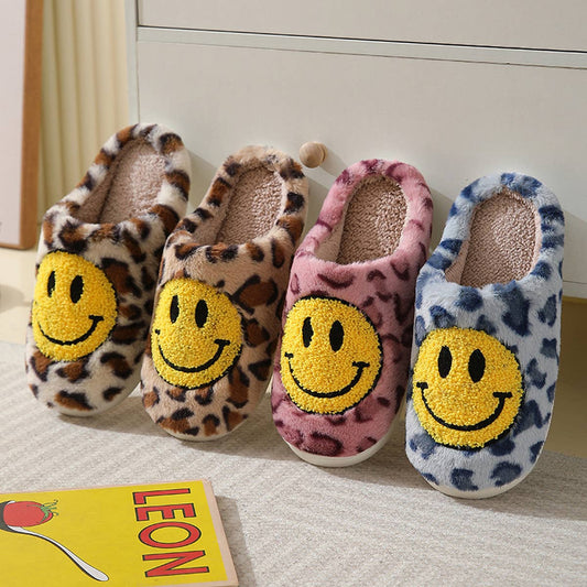 LEOPARD SMILING COTTON FUZZY SLIPPERS WOMEN