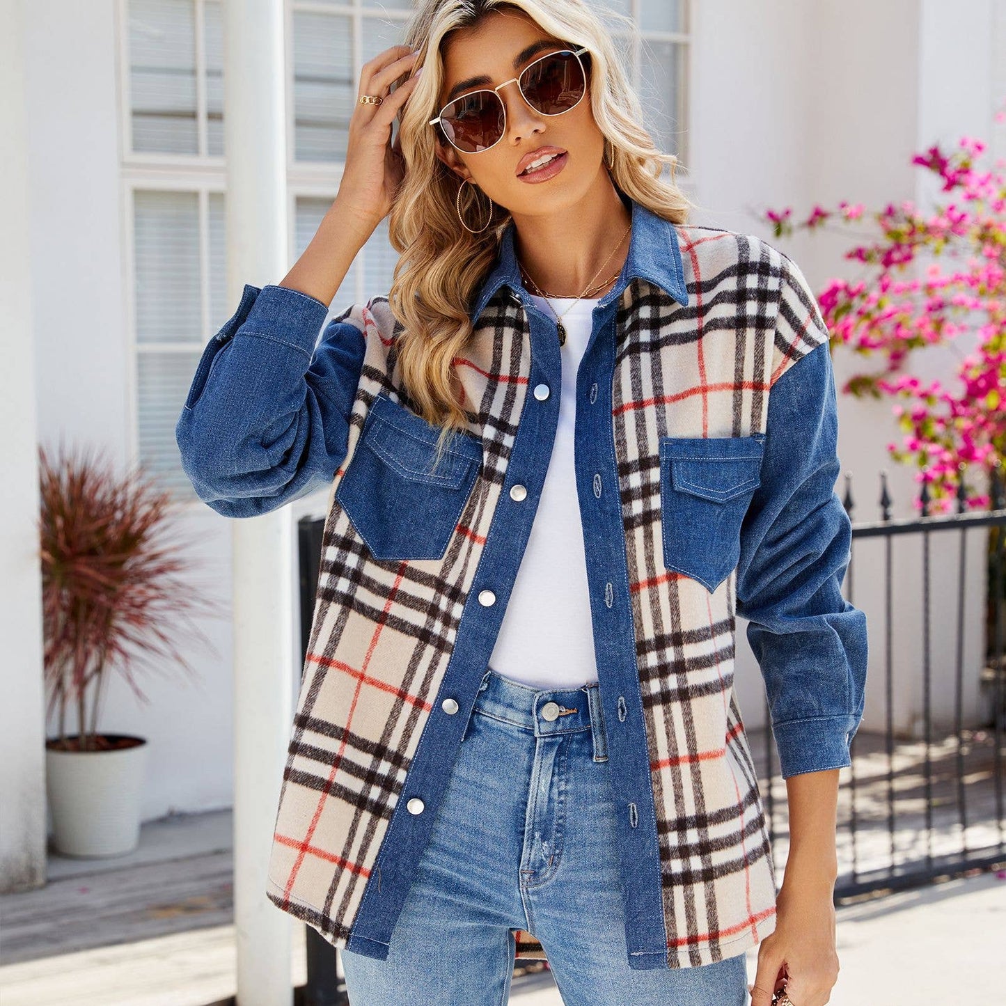 WASHED PLAID CASUAL DENIM LONG-SLEEVED JACKET