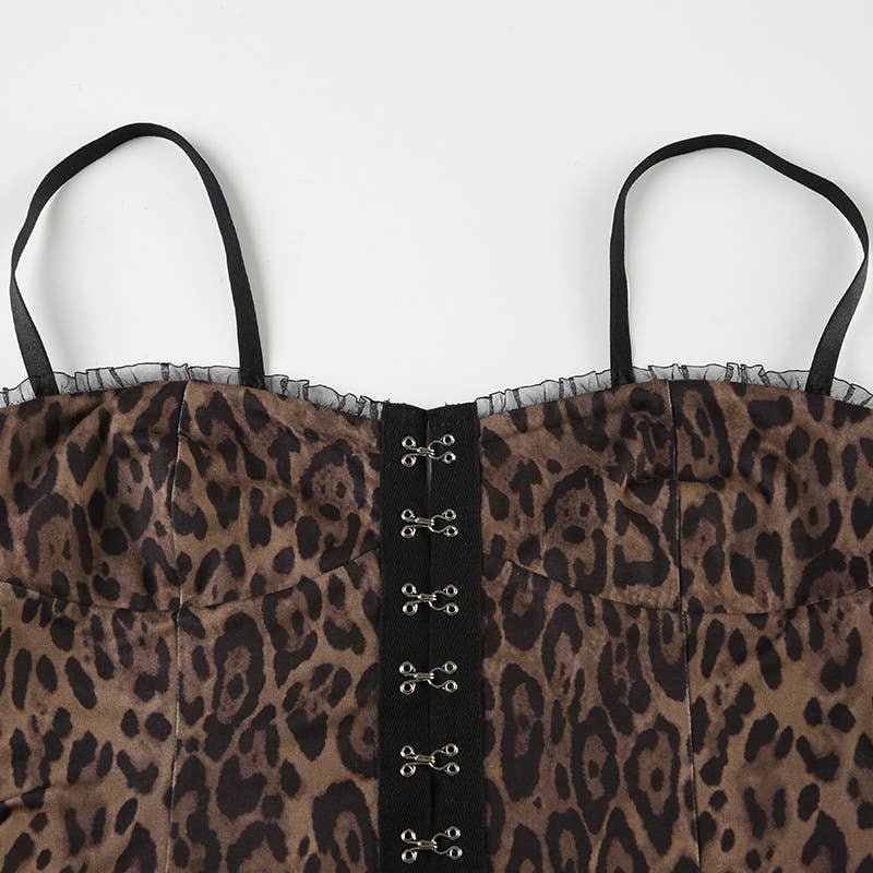 Sexy wood ear lace leopard print halter top