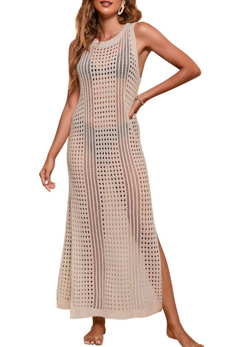 CWDMD4732_LOOSE SOLID BEACH HOLLOW KNIT COVER-UP DRESS