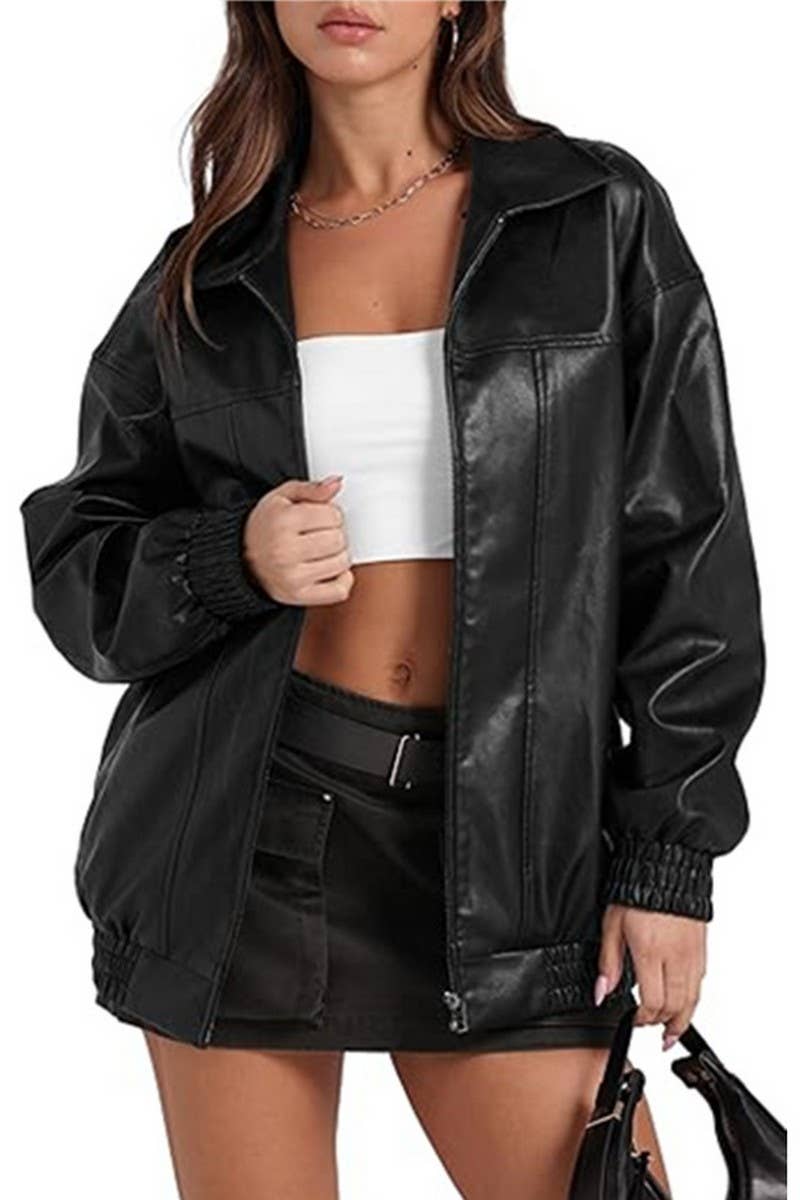 CWOCO1150_LAPEL ZIPPER SIDE POCKET PU LEATHER JACKET