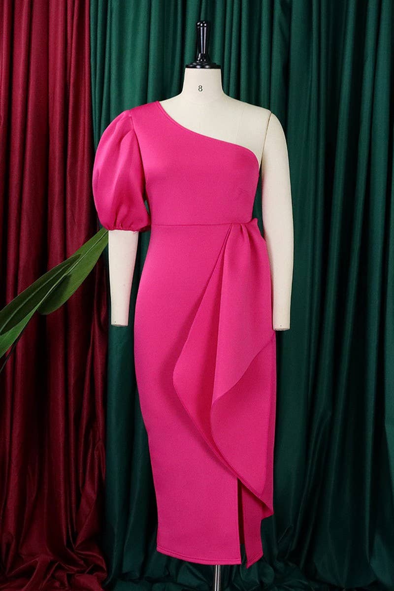 CWDMD1731_PLUS SIZE SLOPE NECK SLIT RUFFLED MIDI DRESS