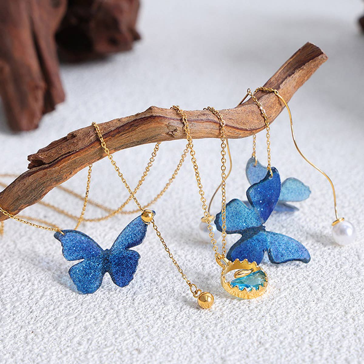 BLUE BUTTERFLY TITANIUM STEEL NECKLACE EARRINGS_CWAJE1085