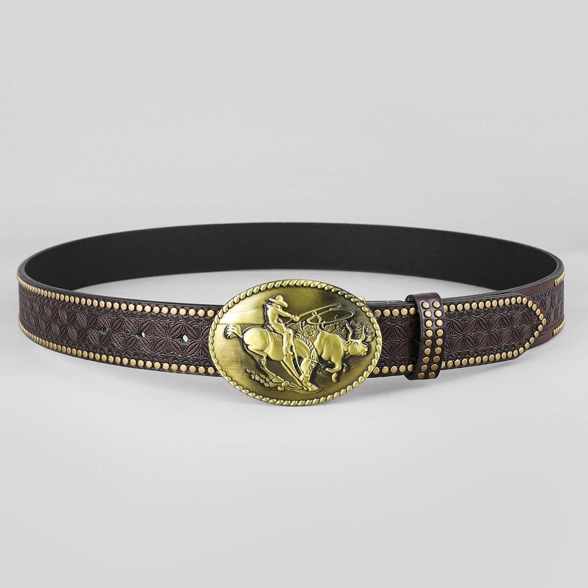 WESTERN LEATHER BELT WITH BULL HEAD BUCKLE RIVET _CWABE0415