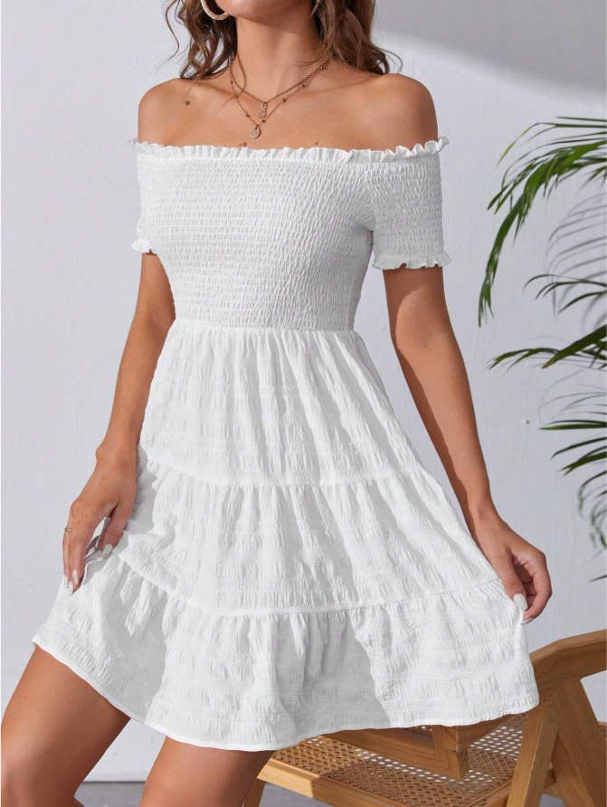 Ruffled off-the-shoulder cable-tied dress