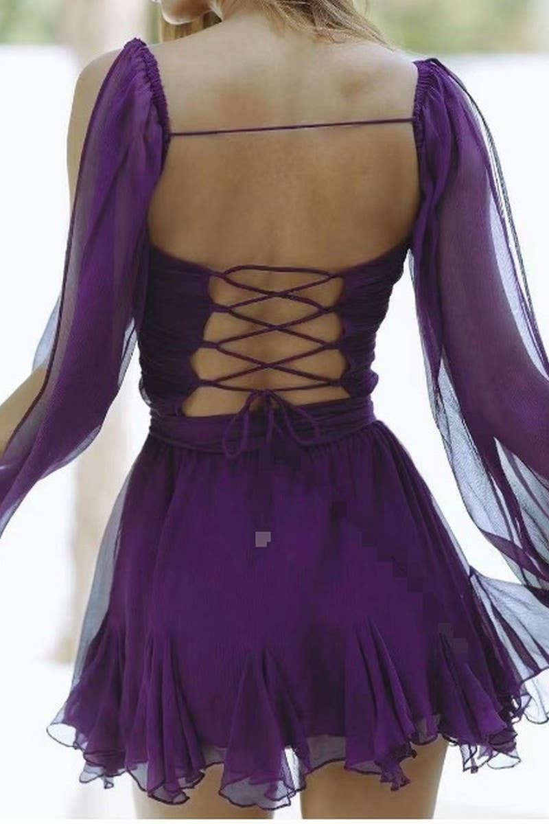 CWDSD6602_SOLID COLOR OFF-SHOULDER SLEEVES V-NECK DRESS