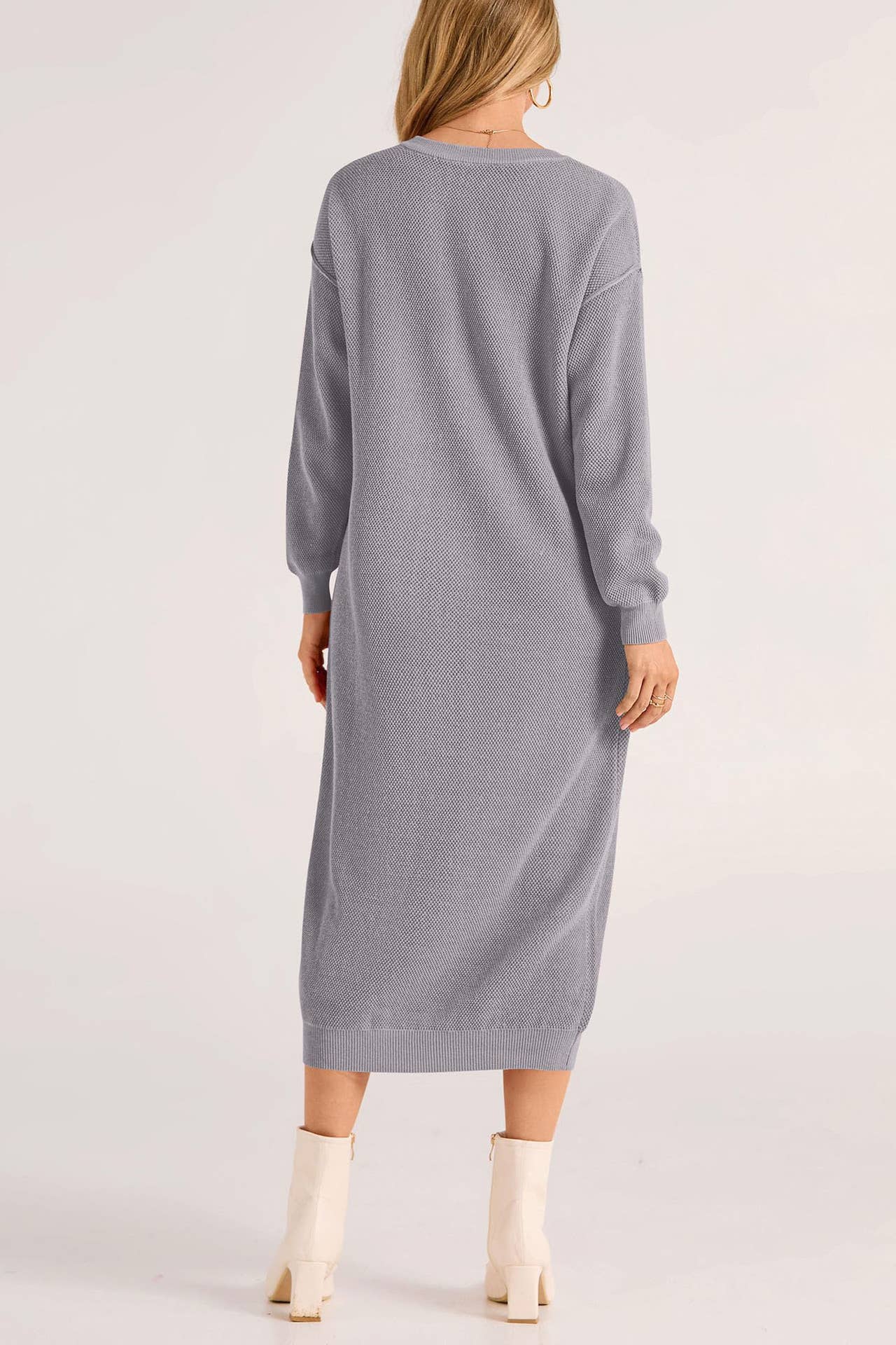 LONG-SLEEVED BUTTON-DOWN V-NECK SWEATER DRESS