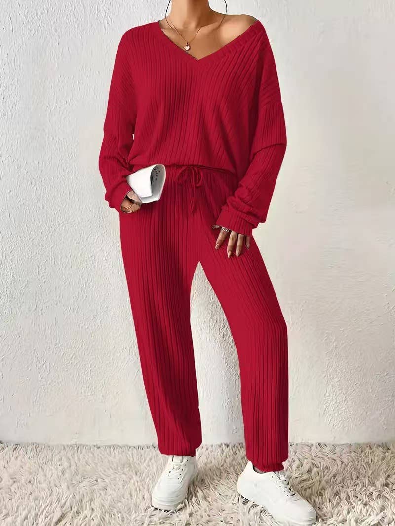 PIT-TRIMMED V-NECK LOOSE LACE-UP TOP PANTS SUIT