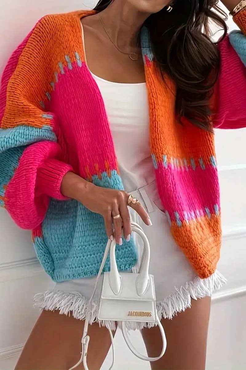 CWOCAL00824_V NECK COLOR BLOCK LOOSE KNIT CARDIGAN