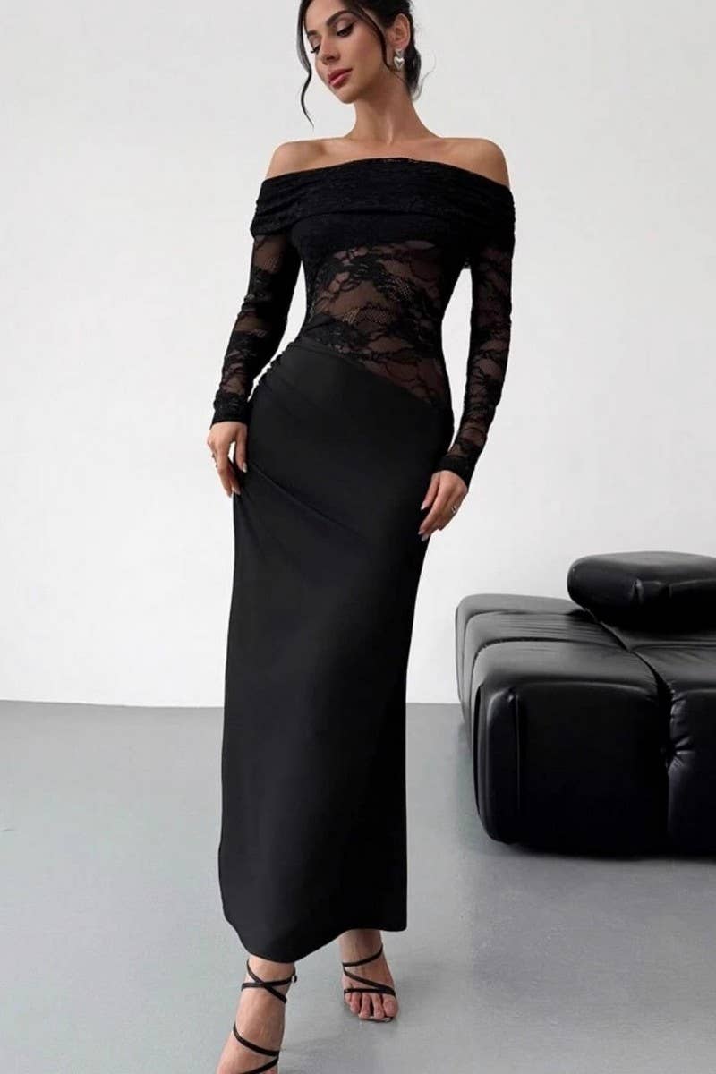 CWDMD01089_OFF SHOULDER LACE SHEER LONG SLEEVE BODYCON DRESS