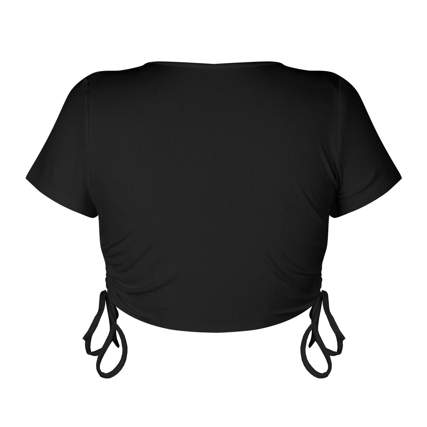 A drawstring, tie, crappy, and umbilical T-shirt