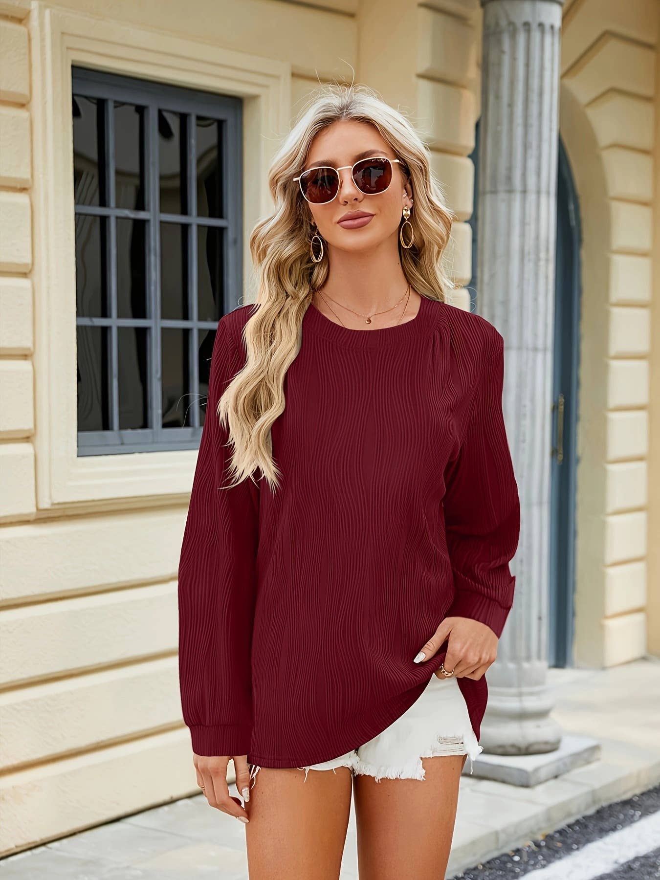 SOLID COLOR V-NECK HALF-CUT CASUAL PULLOVER TOP