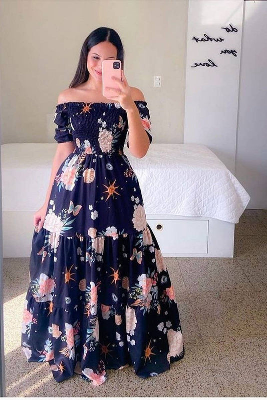 CWDMD5871_OFF SHOULDER FLORAL PRINT MAXI FAIRY DRESS