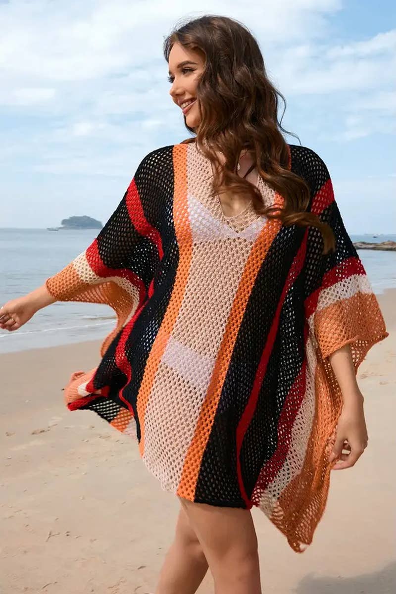 CWDSD7357_SPLICED   HOLLOW BEACH DRESS LOOSE BIKINI COVER UP