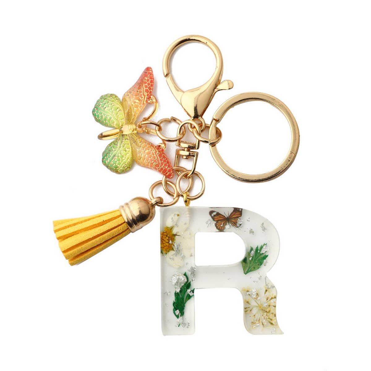 Flower Letter Keychain with Yellow Butterfly Charm_CWAB5090