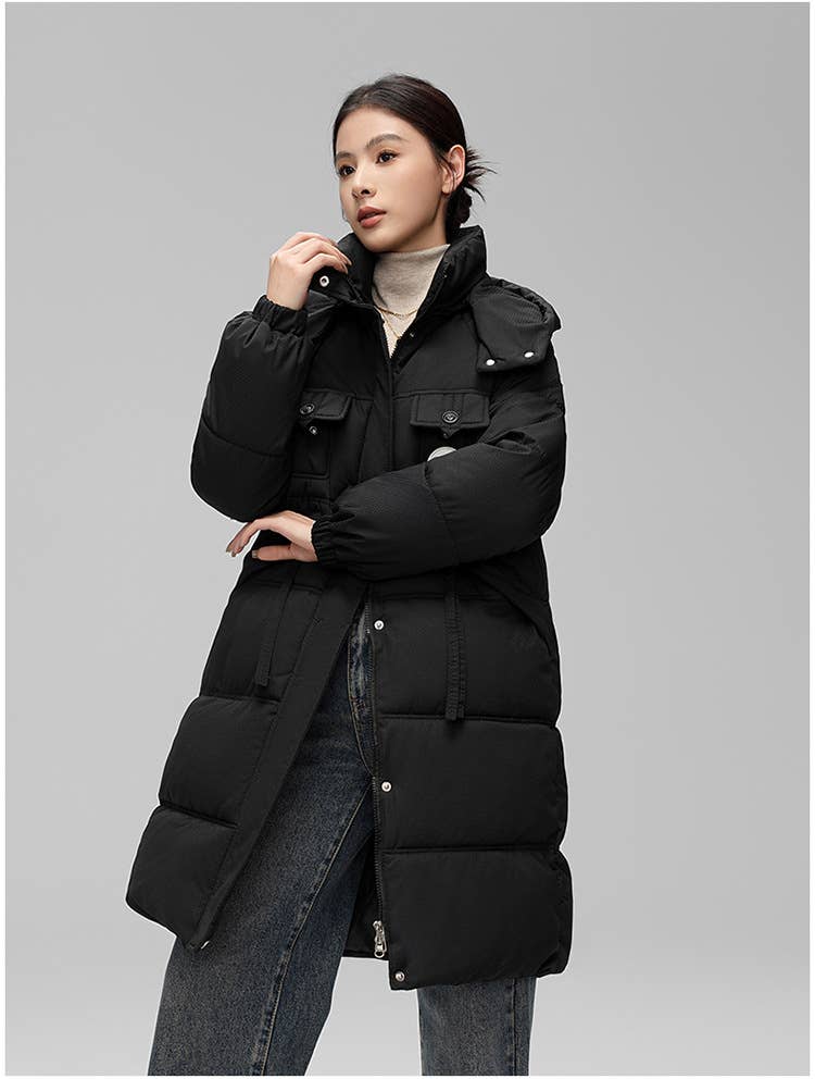 Fashionable knee-length thickened hooded jacket