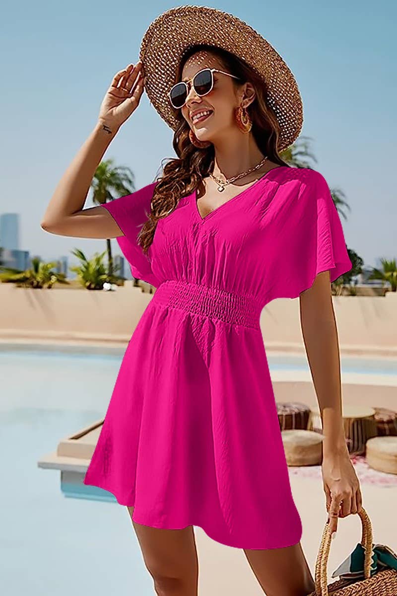 CWDSD3629_CASUAL V-NECK PLEATED SHORT DRESS