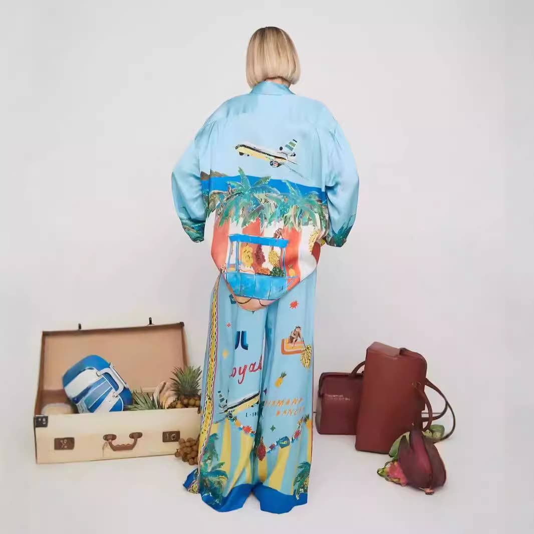 FASHION PRINTED SHIRT LONG SLEEVE PANTS SUIT