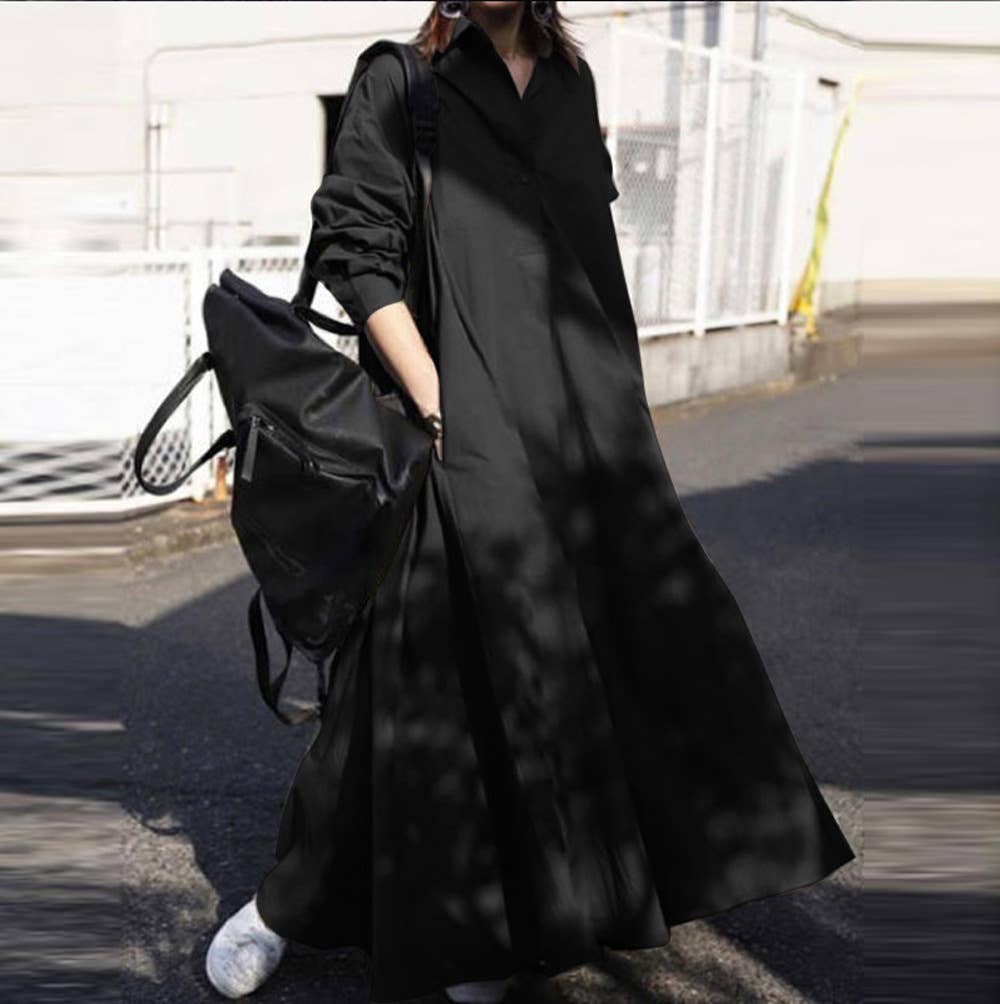 Retro long-sleeved lapel loose wide-hem dress