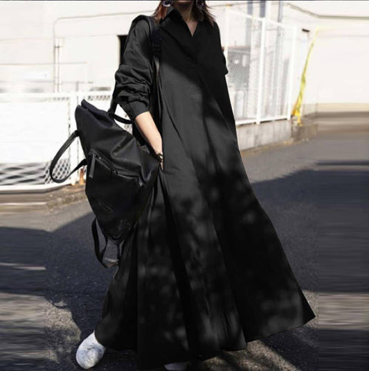 Retro long-sleeved lapel loose wide-hem dress