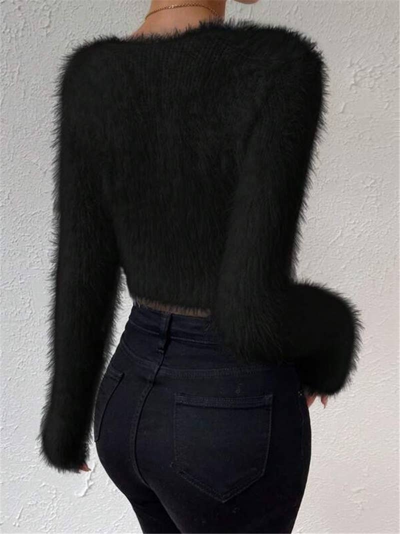 Solid-color V-neck fitted plush short sweater