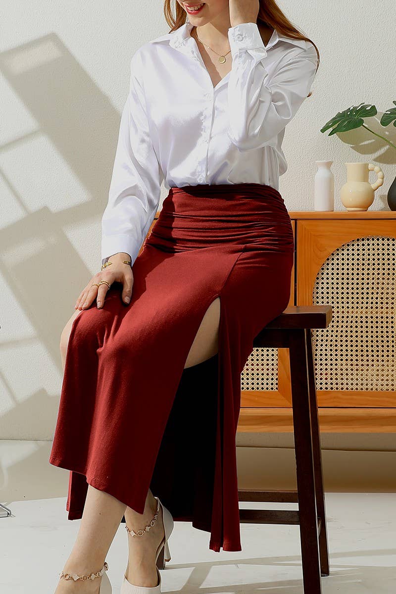 CWBLS120_HIGH WAIST SHIRRED FLOUNCE MAXI SKIRTS WITH SLIT