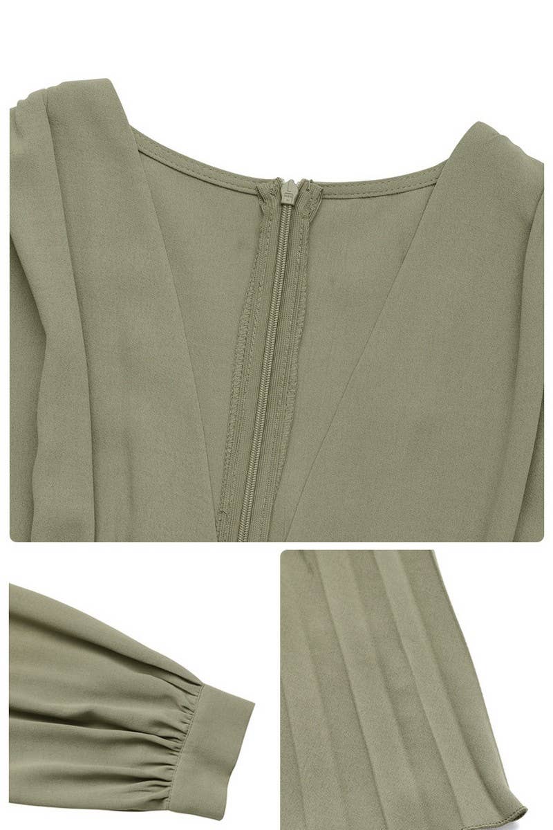 CWDMD6287_V-NECK LONG SLEEVE SOLID PLEATED ELEGANT DRESS