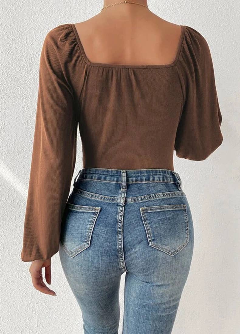 SQUARE NECK LONG SLEEVE PUFFED SLEEVE JUMPSUIT