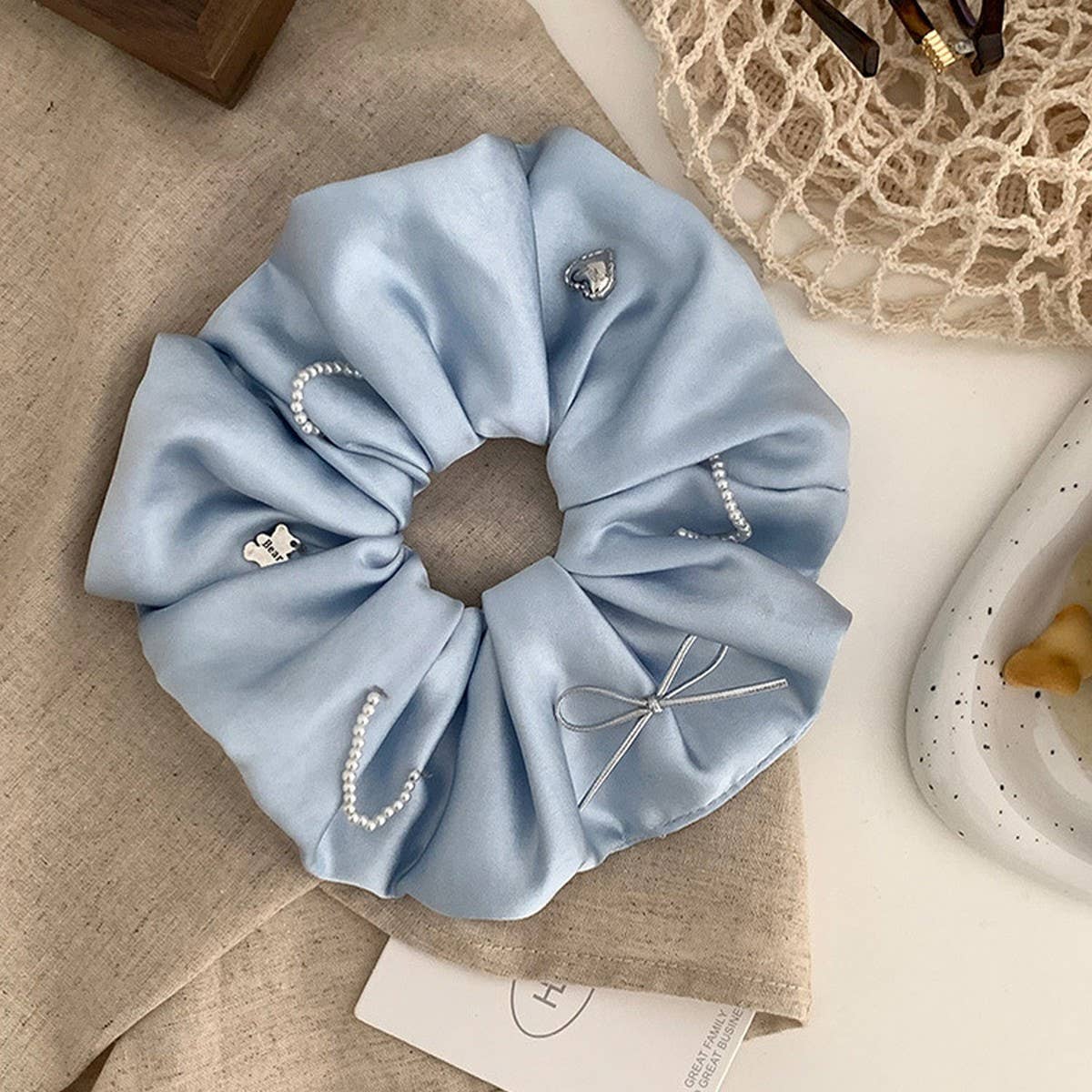 Blue Satin Pearl Scrunchie for Bun Hairstyles_CWAHA5503