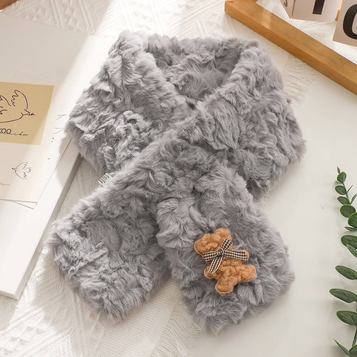 CUTE BEAR EMBOSSED WARM PLUSH SCARF