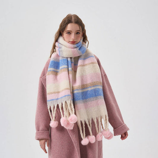 Cozy Colorblock Stripe Pom-Pom Scarf for Winter