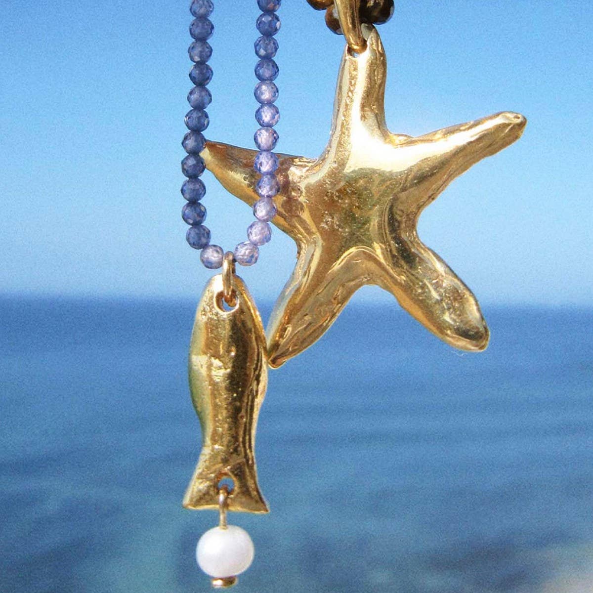 Gold Ocean Charms Necklace ? Fish & Shell Beads