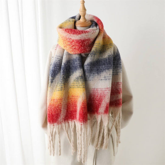 Rainbow Grid Soft Scarf with Fringe Trim_CWASC2775