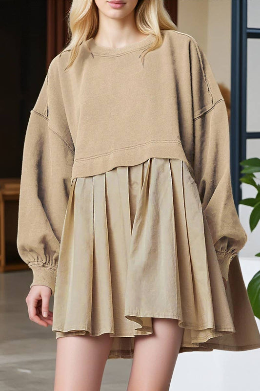 CWDSD10615_FAKE TWO-PIECE COLORBLOCK LOOSE PLEATED DRESS