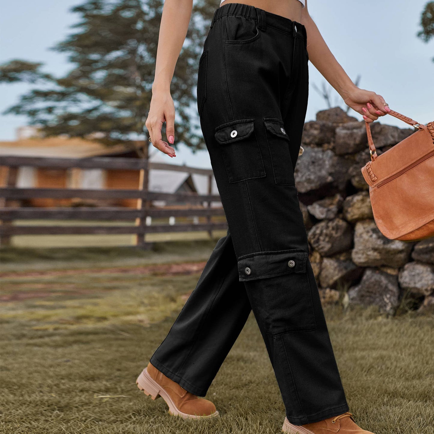 Semi-elastic personalized denim cargo pants