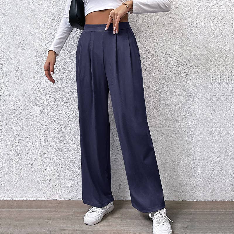 SOLID COLOR PIT STRIPE CASUAL WIDE-LEG PANTS