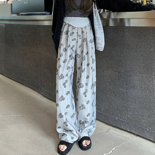 FLORAL PRINT ELASTIC WAIST STRAIGHT LEG PANTS