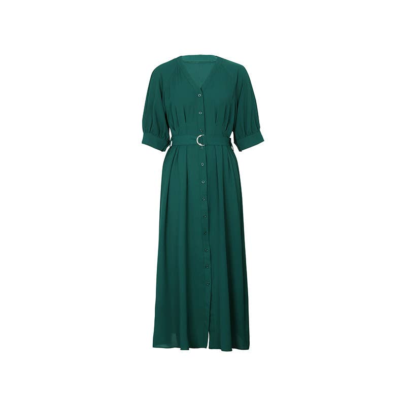 LONG MID-SLEEVED GREEN DRESS WITH BELT