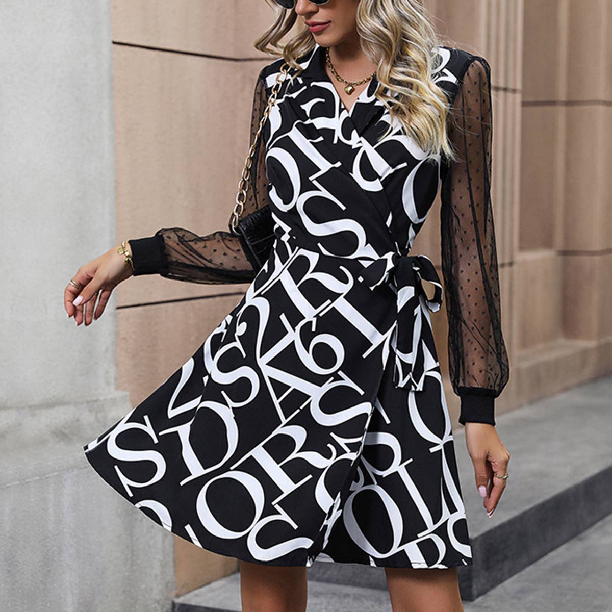 MESH PATCHWORK SKIRT AUTUMN PRINT DRESS