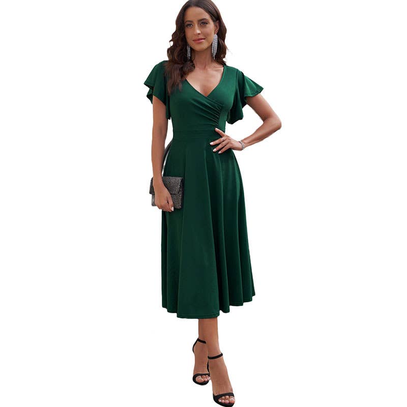 ELEGANT TEMPERAMENT LOTUS SLEEVE V-NECK DRESS