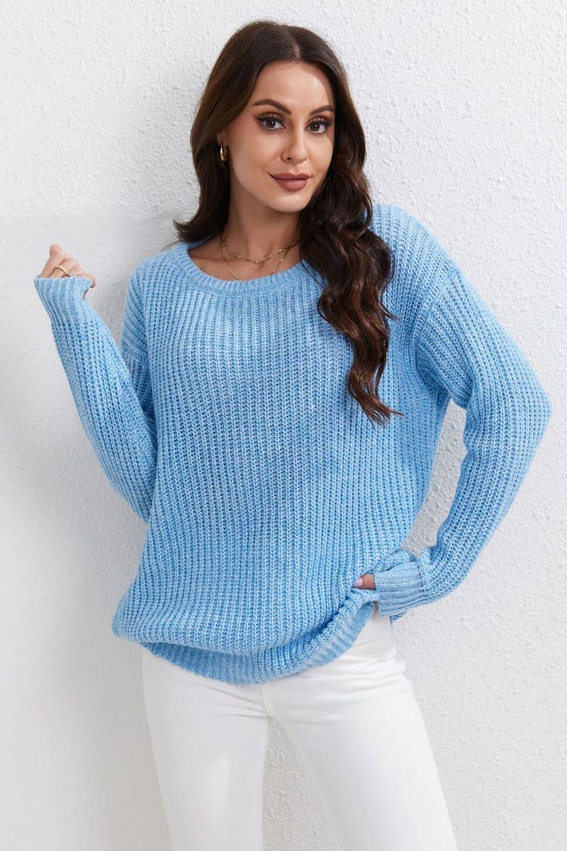 CWOSWL07669_SOLID COLOR ROUND NECK LOOSE PULLOVER SWEATER