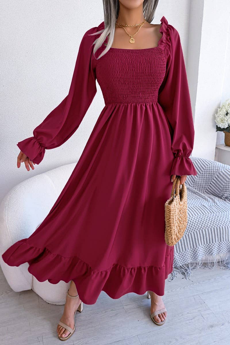 SQUARE NECK LARGE SWING FLOUNCES LONG DRESS_CWDMD1165