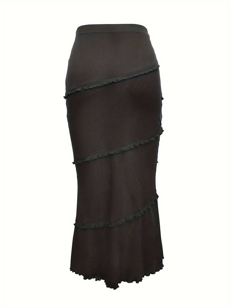 Solid-color ear-trimmed knit fishtail skirt