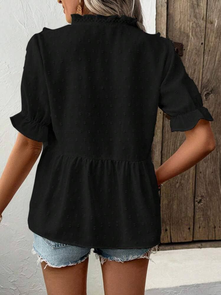 V-neck casual ruffled short-sleeved T-shirt