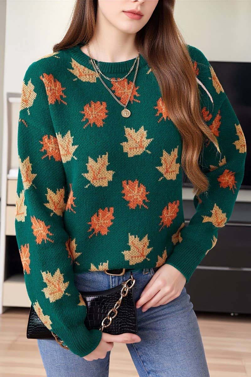CWOSWL07063_MAPLE LEAF JACQUARD CASUAL PULLOVER SWEATER