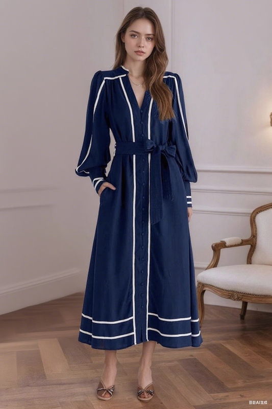 CWDMD6377_VINTAGE STRIPED V-NECK TIE WAIST MAXI DRESS