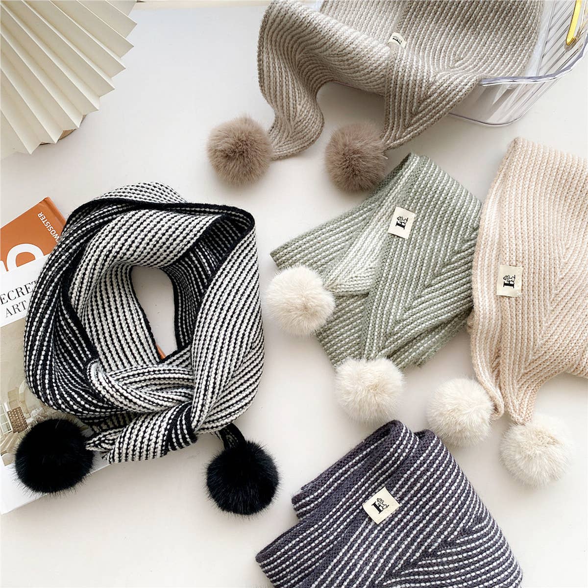 CWASC2387_WOMEN'S WINTER HAIRBALL STRIPED LONG SCARF