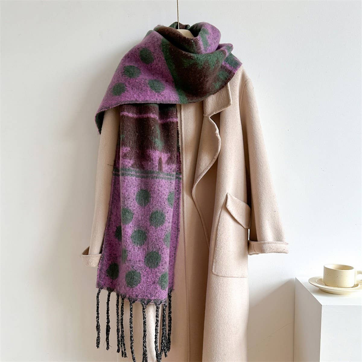 Woolen Scarf, Long & Thick, Polka Dot Fringe Shawl_CWASC0987
