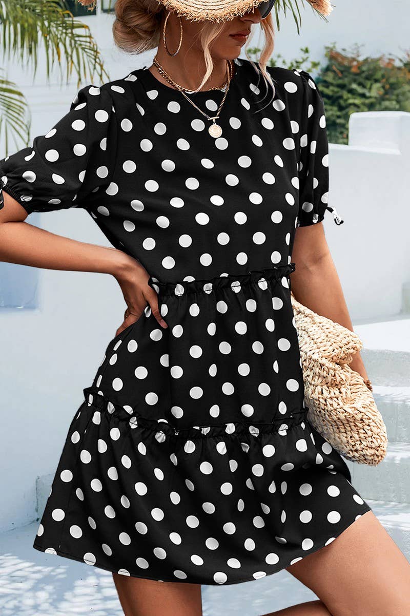 ROUND NECK BUBBLE SLEEVE STRAP DRESS_CWDSD2658